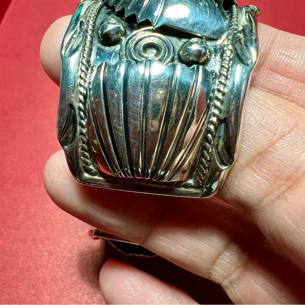 Vintage sterling silver Cuff Bracelet c11 925 Mexico Flower design/ turquoise - Picture 7 of 16